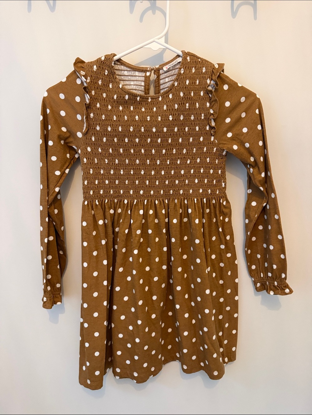 Crewcuts Girls' Tan Brown Polka Dot Long Sleeve Smocked Dress